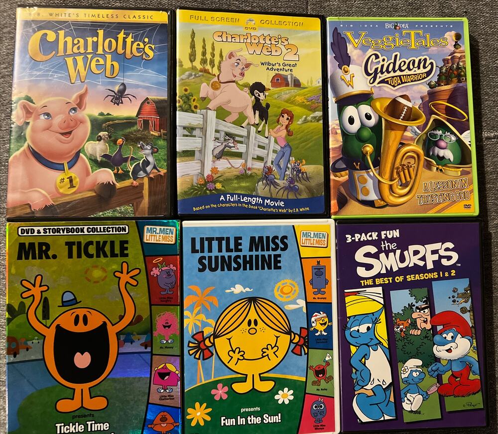 LOT 6x Childs DVDs Charlotte’s Web VeggieTales Mr Men Tickle Little Miss Smurfs